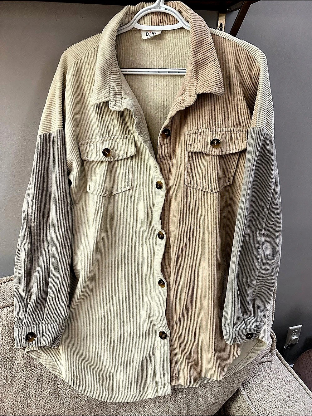 BIBI Button Up Corduroy Shacket Beige & Gray Size Large 100% Cotton